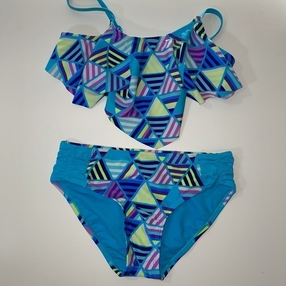 Justice Swim Bikini Set Geometric Ruffled Front - Picture 1 of 3